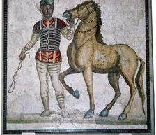 Roman mosaic of a charioteer with horse