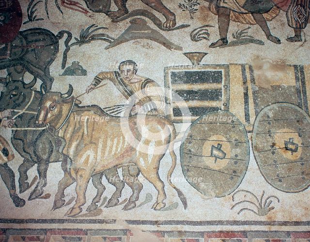 Roman mosaic of a bullock cart, 3rd century. Artist: Unknown