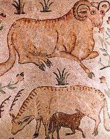 Roman mosaic of a ram, a cow and calf, 4th century AD