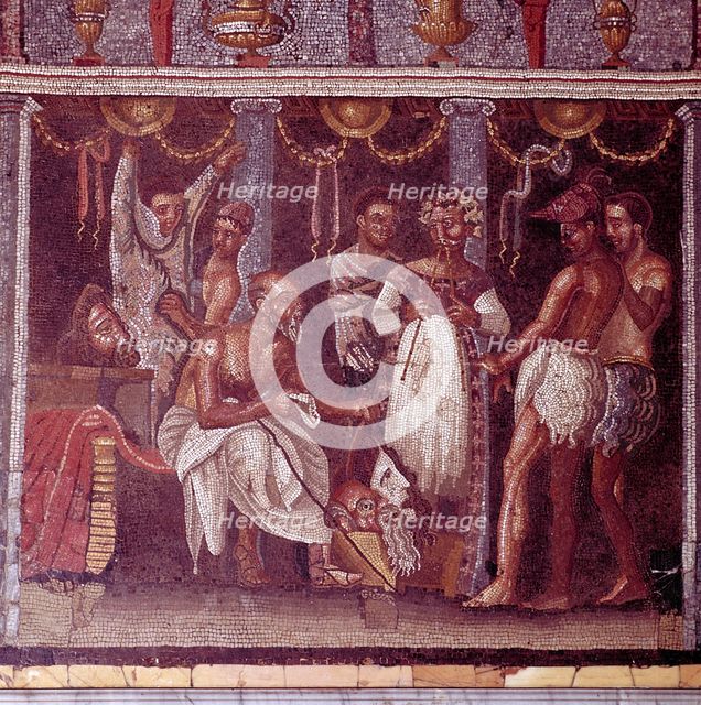 Roman mosaic of actors preparing for a play, Pompeii, Italy. Creator: Unknown.
