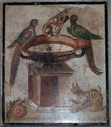Roman mosaic of birds and a cat at a fountain, 1st century. Creator: Unknown