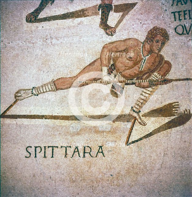 Roman Mosaic of Performer killing leopards in 'Spectacle', Tunisia, 3rd century.  Artist: Unknown.
