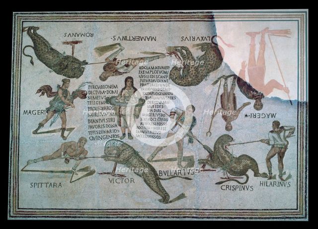 Roman mosaic of performers killing a leopard at a spectacle, 3rd century. Artist: Unknown