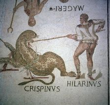 Roman mosaic of performers killing a leopard at a spectacle, 3rd century