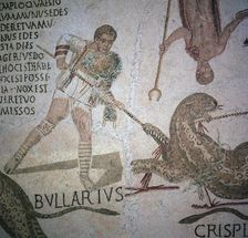 Roman mosaic of performers killing a leopard at a spectacle, 3rd century