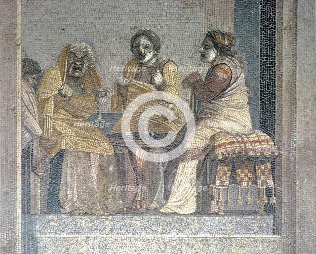 Roman mosaic of Scene from play with masked actors, Villa of Cicero, Pompeii,  c2nd century BC. Creator: Dioscurides of Samos.