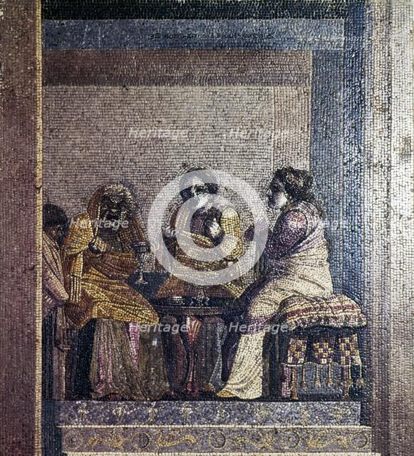 Roman mosaic of Scene from play with masked actors, Villa of Cicero, Pompeii,  c2nd century BC. Creator: Dioscurides of Samos.