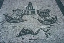 Roman mosaic of two ships, a light house, and a dolphin, 2nd century