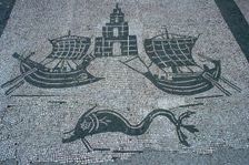 Roman mosaic of two ships, a light house, and a dolphin, 2nd century