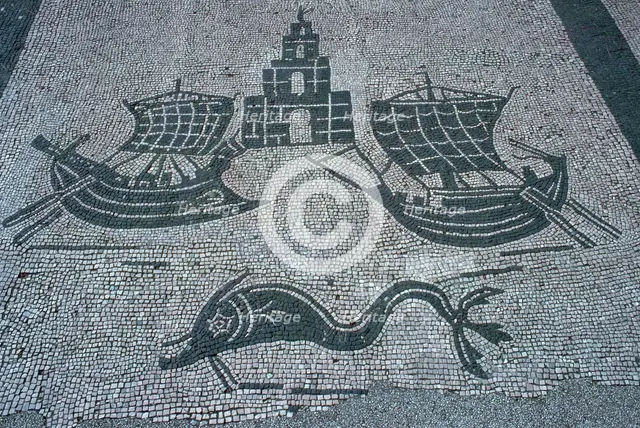 Roman mosaic of two ships, a light house, and a dolphin, 2nd century. Artist: Unknown