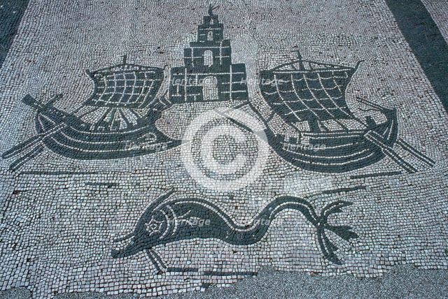 Roman mosaic of two ships, a light house, and a dolphin, 2nd century. Artist: Unknown
