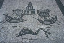 Roman mosaic of two ships, a light house, and a dolphin, 2nd century