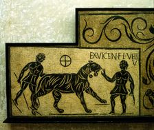 Roman mosaic deoicting a tiger and gladiators, 2nd century