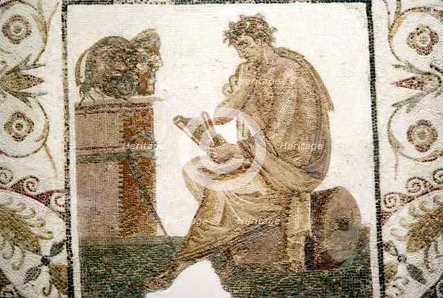 Roman Mosaic, Tragic Poet and Two Masks from Thuburbo Majus, Tunisia, 3rd century. Artist: Unknown.