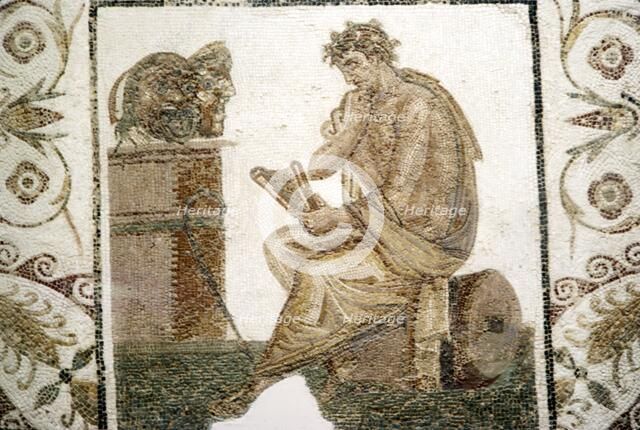 Roman Mosaic, Tragic Poet and Two Masks from Thuburbo Majus, Tunisia, 3rd century. Artist: Unknown.