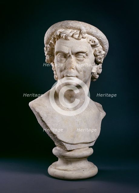 Roman marble bust of man wearing a wreath of olive leaves, c100. Artist: Unknown.