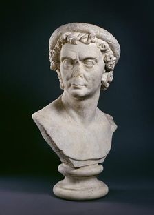 Roman marble bust of man wearing a wreath of olive leaves, c100