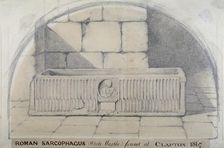Roman marble sarcophagus found at Clapton in 1867, carved with a medallion relief of figure, 1872. Artist: Anon