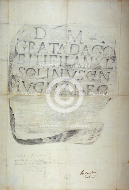 Roman memorial stone erected by Solinus in memory of his wife Grata, 1875. Artist: Anon