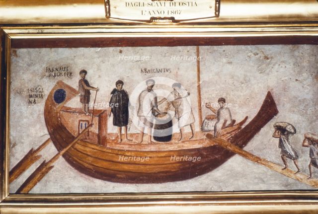 Roman Merchant-ship being loaded with grain, from a wall painting in Ostia,  2nd-3rd century. Artist: Unknown.