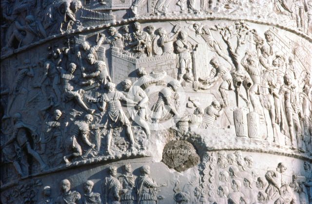 Roman soldiers building a fort in the Dacian campaign, Trajan's Column, Rome, c2nd century. Artist: Unknown.