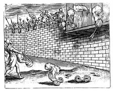 Roman soldiers delivering Greek fire by means of arrows and slings, 1605