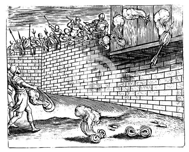 Roman soldiers delivering Greek fire by means of arrows and slings, 1605. Artist: Unknown