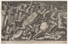 Roman soldiers fighting against Dacians, battle scene in shallow depth with horses and hor..., 1553. Creator: Nicolas Beatrizet