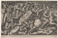 Roman soldiers fighting against Dacians, battle scene in shallow depth with horses and hor..., 1553. Creator: Nicolas Beatrizet