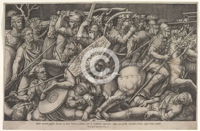 Roman soldiers fighting against Dacians, battle scene in shallow depth with horses and hor..., 1553. Creator: Nicolas Beatrizet.
