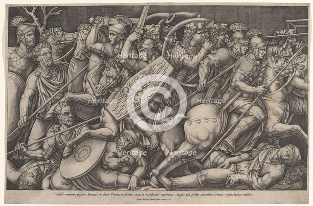 Roman soldiers fighting against Dacians, battle scene in shallow depth with horses and hor..., 1553. Creator: Nicolas Beatrizet.