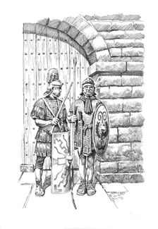 Roman soldiers on sentry duty on Hadrian's Wall, c1985-c2000. Artist: Philip Corke