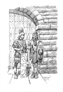 Roman soldiers on sentry duty on Hadrian's Wall, c1985-c2000. Artist: Philip Corke