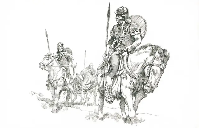 Roman soldiers on patrol near Hadrian's Wall, c1985-c2000. Artist: Philip Corke.