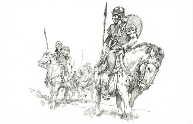 Roman soldiers on patrol near Hadrian's Wall, c1985-c2000. Artist: Philip Corke.