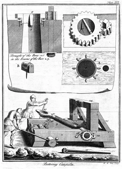 Roman soldiers operating a catapult, c1750. Artist: William Henry Toms
