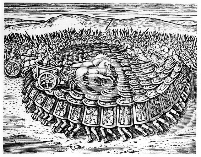 Roman soldiers making a 'tortoise' with their shields, 1605. Artist: Unknown