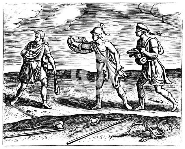 Roman soldiers: stone slingers and their equipment, 1605. Artist: Unknown