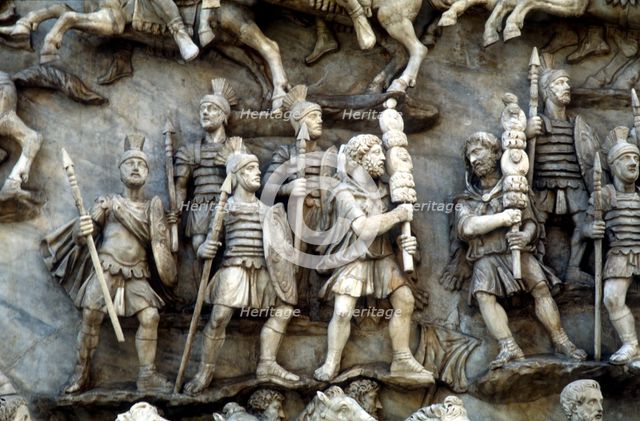 Roman soldiers taking part in decursio, the ritual circling of funeral pyre, c180-196. Artist: Unknown