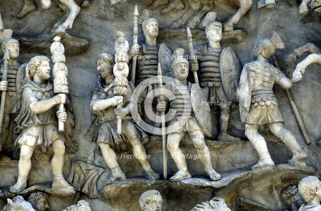 Roman soldiers taking part in decursio, the ritual circling of funeral pyre, c180-196. Artist: Unknown