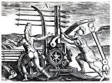 Roman soldiers using a war engine firing multiple arrows, 1605