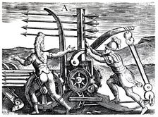 Roman soldiers using a war engine firing multiple arrows, 1605