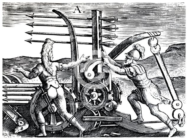 Roman soldiers using a war engine firing multiple arrows, 1605. Artist: Unknown