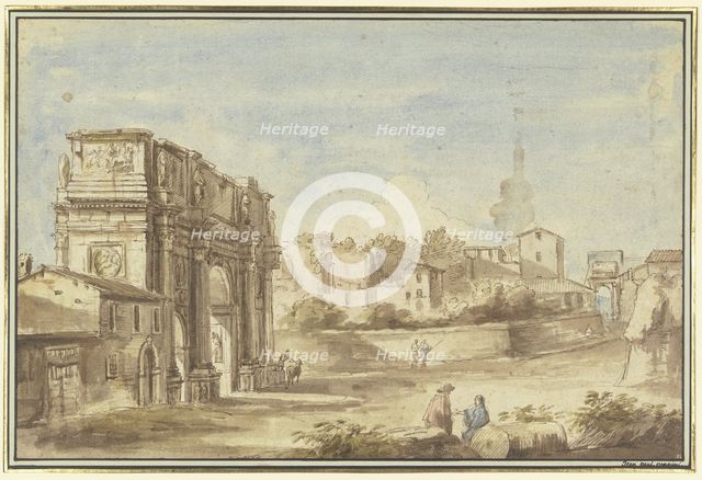 Roman scene with a triumphal arch (Arch of Constantine), 18th century. Creator: Giovanni Paolo Pannini?.
