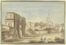 Roman scene with a triumphal arch (Arch of Constantine), 18th century. Creator: Giovanni Paolo Pannini?
