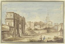 Roman scene with a triumphal arch (Arch of Constantine), 18th century. Creator: Giovanni Paolo Pannini?