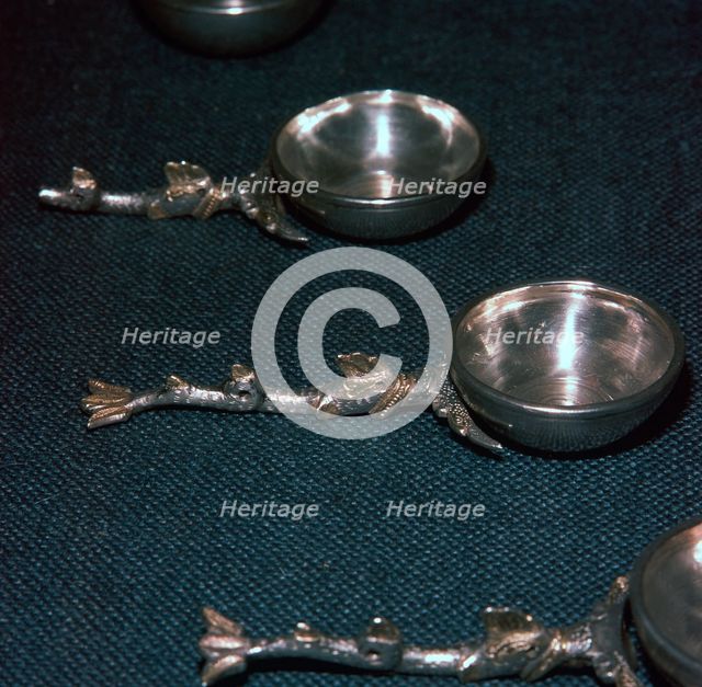 Roman silver and gilt ladles with handles cast in the form of dolphins, 4th century. Artist: Unknown