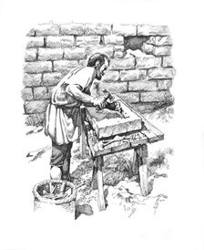 Roman stonemason inscribing a tablet, Hadrian's Wall, 2nd century (c1985-c2000). Artist: Philip Corke
