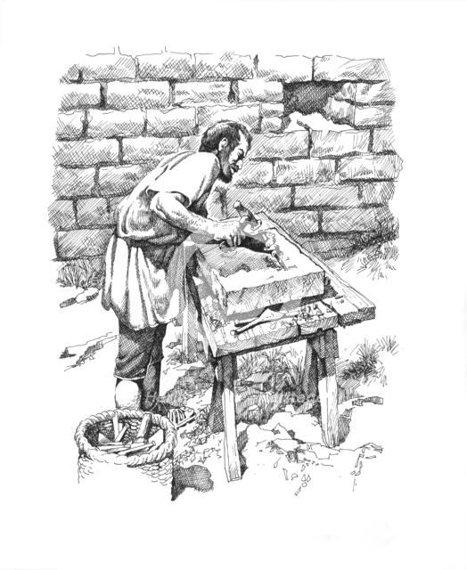 Roman stonemason inscribing a tablet, Hadrian's Wall, 2nd century (c1985-c2000). Artist: Philip Corke.