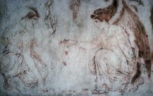 Roman painting on marble of ladies playing knucklebones. Creator: Unknown